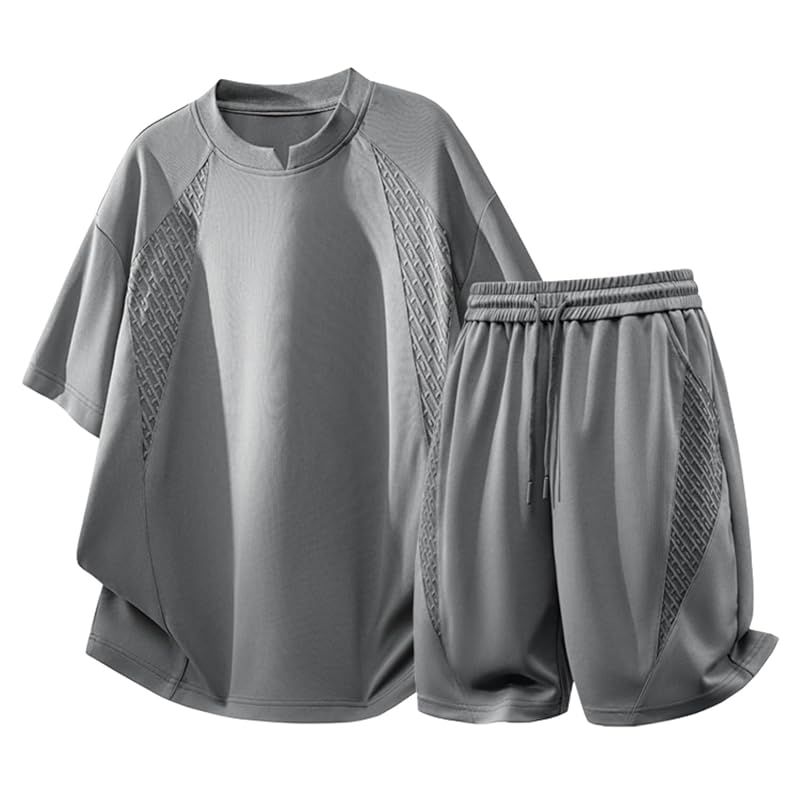 [merhee] 夏服 メンズ 上下セットアップ 半袖 T シャツ ショーツ ショートパンツ ハーフパンツ 冷感 大きいサイズ ゆったり シンプル オシャレ ジャカード調 ルーズフィット スポーツ 通気性 吸汗速乾 カジュアル 夏用 dark grey-4 1