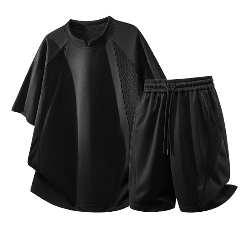 [merhee] 夏服 メンズ 上下セットアップ 半袖 T シャツ ショーツ ショートパンツ ハーフパンツ 冷感 大きいサイズ ゆったり シンプル オシャレ ジャカード調 ルーズフィット スポーツ 通気性 吸汗速乾 カジュアル 夏用 black-2XL 0 5,468円