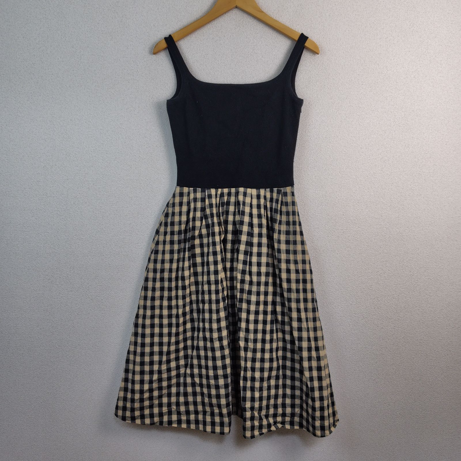 FOXEY BOUTIQUE フォクシーブティック ノースリーブワンピース ギンガムチェック 切り替え ブラック ベージュ レディース 古着 レトロ クラシック