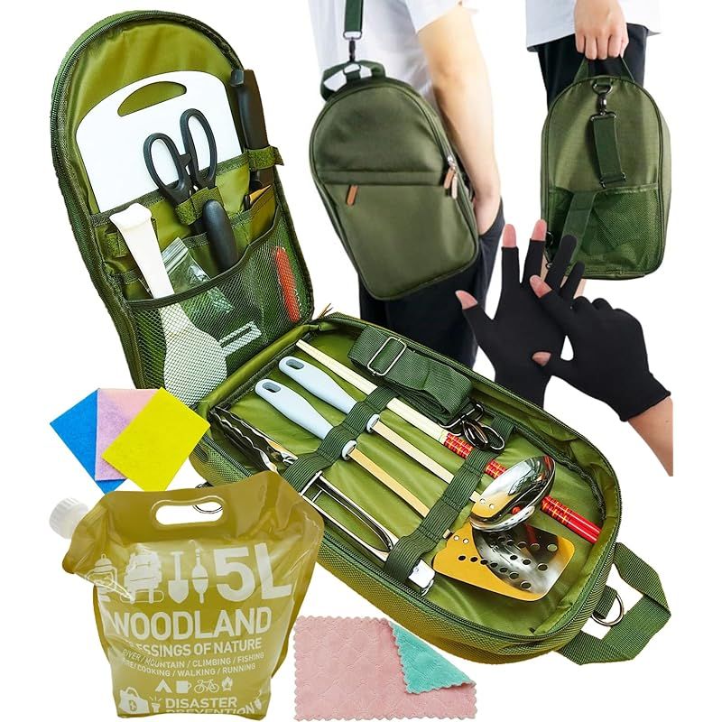 【キャンプインストラクター推奨】 キャンプ 調理器具 セット キャンプ用品 アウトドア バーベキュー クッキングツール 2wayバッグ eziu (グリーン, 17点セット)