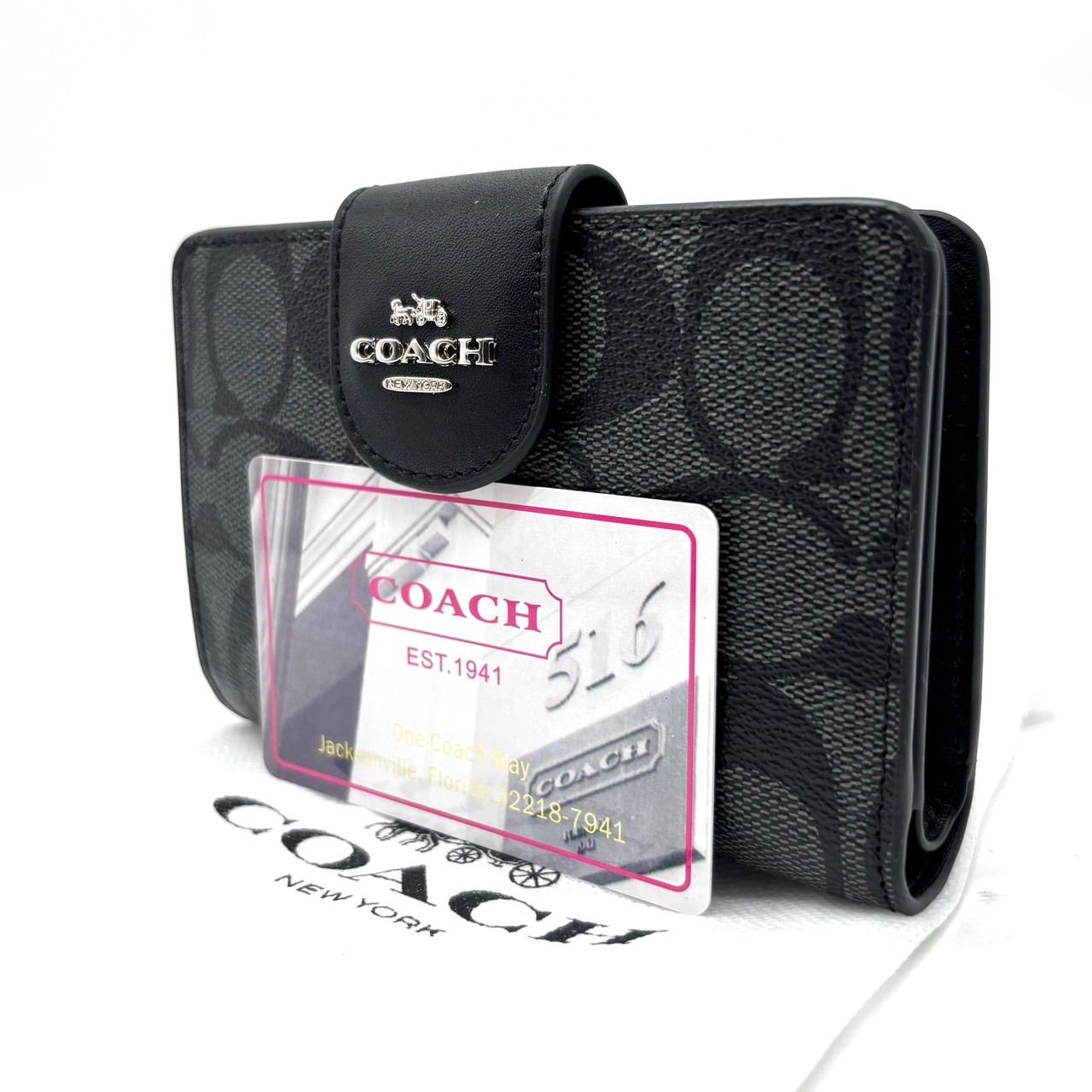 【良品】COACH all black signature pvc compact wallet unisex コーチ 財布