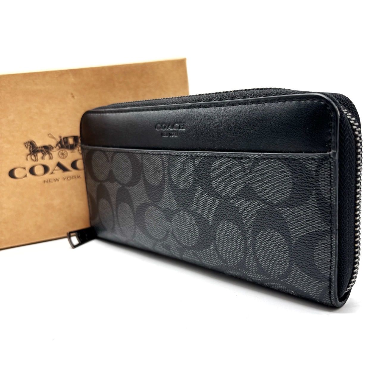 【良品】COACH black signature pvc leather long wallet unisex コーチ 長財布