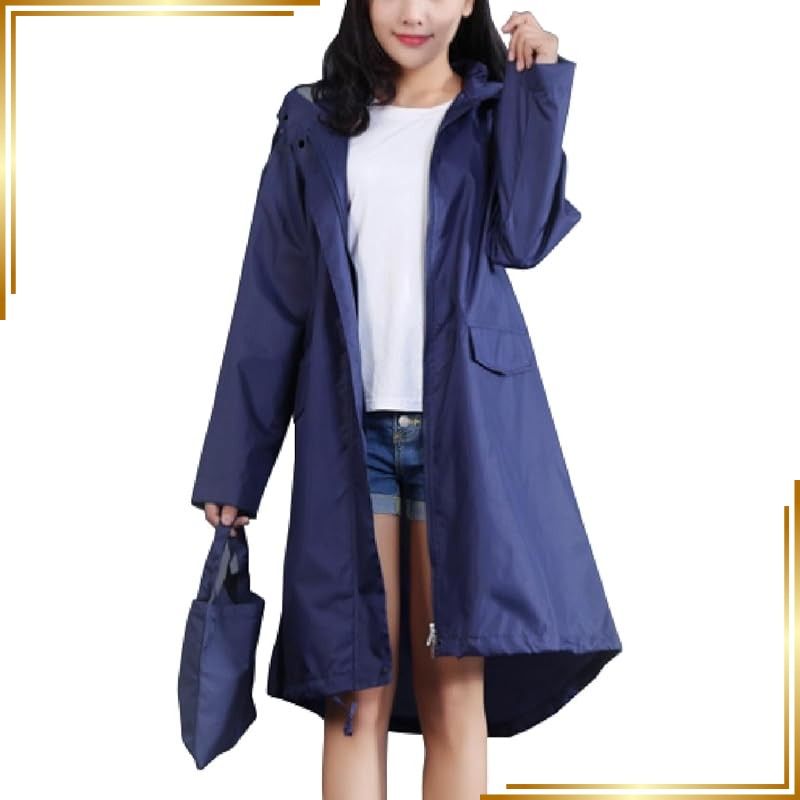 【新品】 [three Joy] レインコート レディース バッグ付き カッパ レインポンチョ レインウェア 大きいサイズ ロング丈 おしゃれ 撥水 フード ジップアップ 収納袋 ネイビー L 1