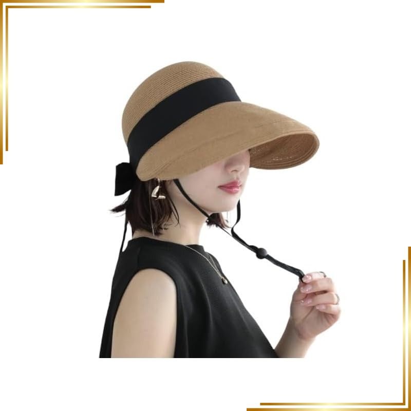 【新品】 [Little&More] 2way 蝶 麦わら帽子 レディース つば広 ペーパーハット UV 蝶結び リボン 折りたたみ あご紐 カーキ [並行輸入品] 1