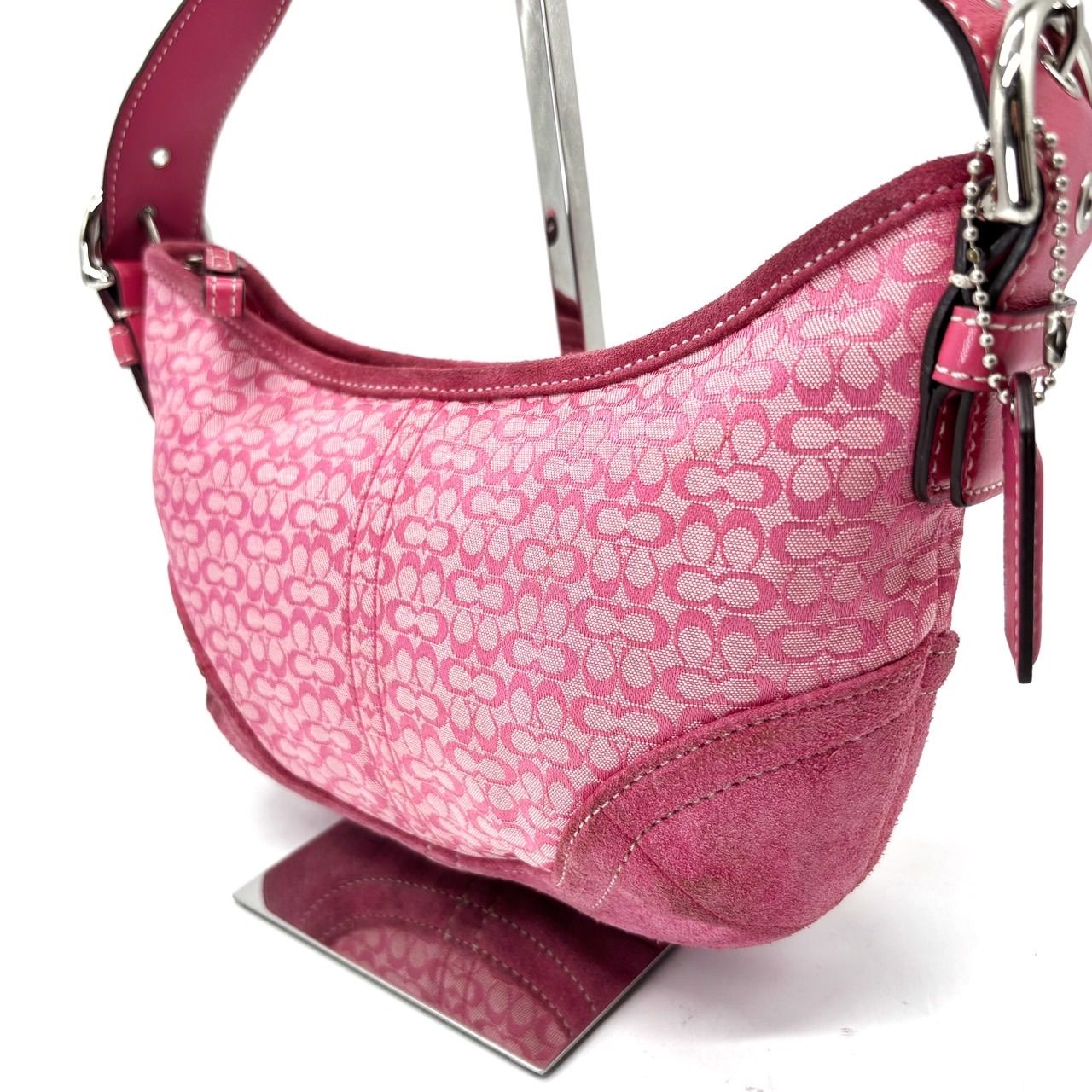 【良品】COACH Y2K micro signature pink canvas leather hobo shoulder bag unisex コーチ ショルダーバッグ