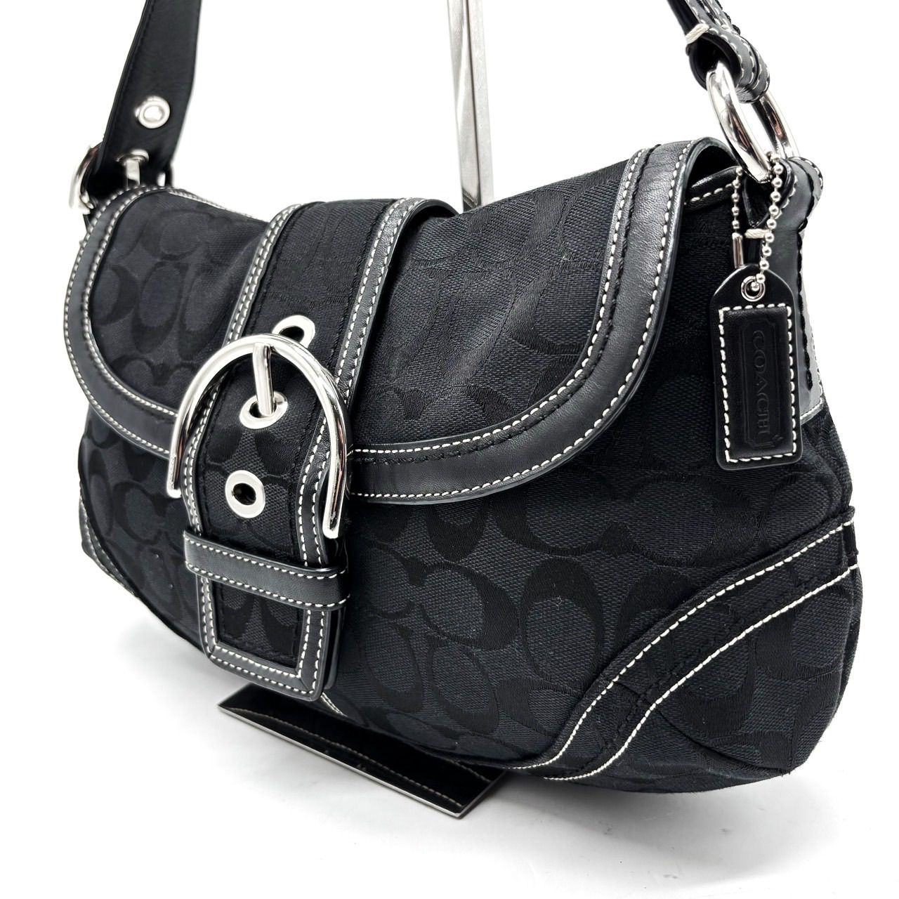 【良品】COACH Y2K all black signature canvas leather belt hobo shoulder bag unisex コーチ ショルダーバッグ