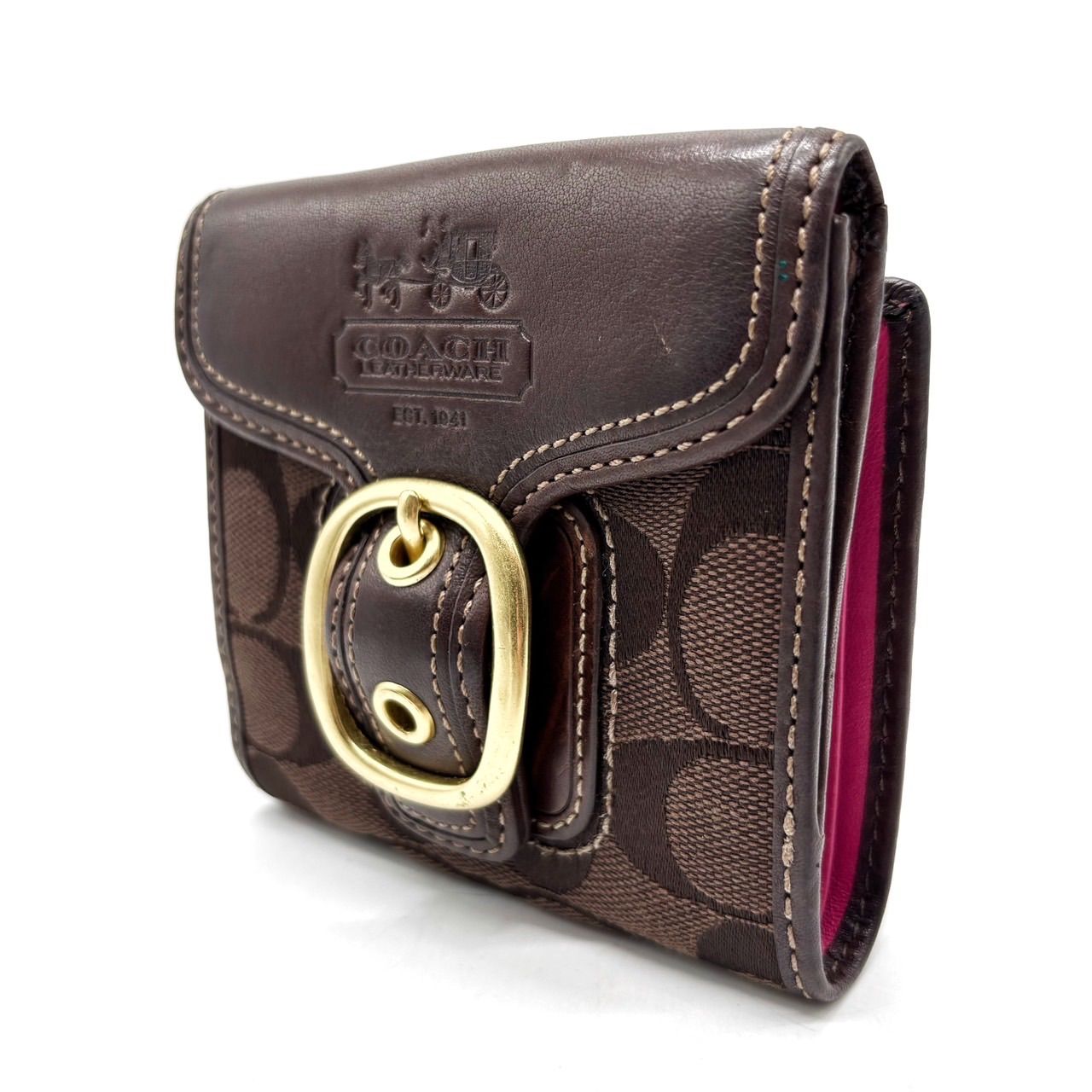 【良品】COACH all brown signature canvas leather belt compalt wallet unisex コーチ 財布