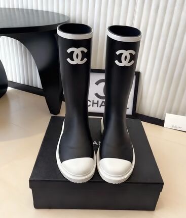新品☆CHANEL ロゴが際立つ バイカラー レインブーツ 38サイズ