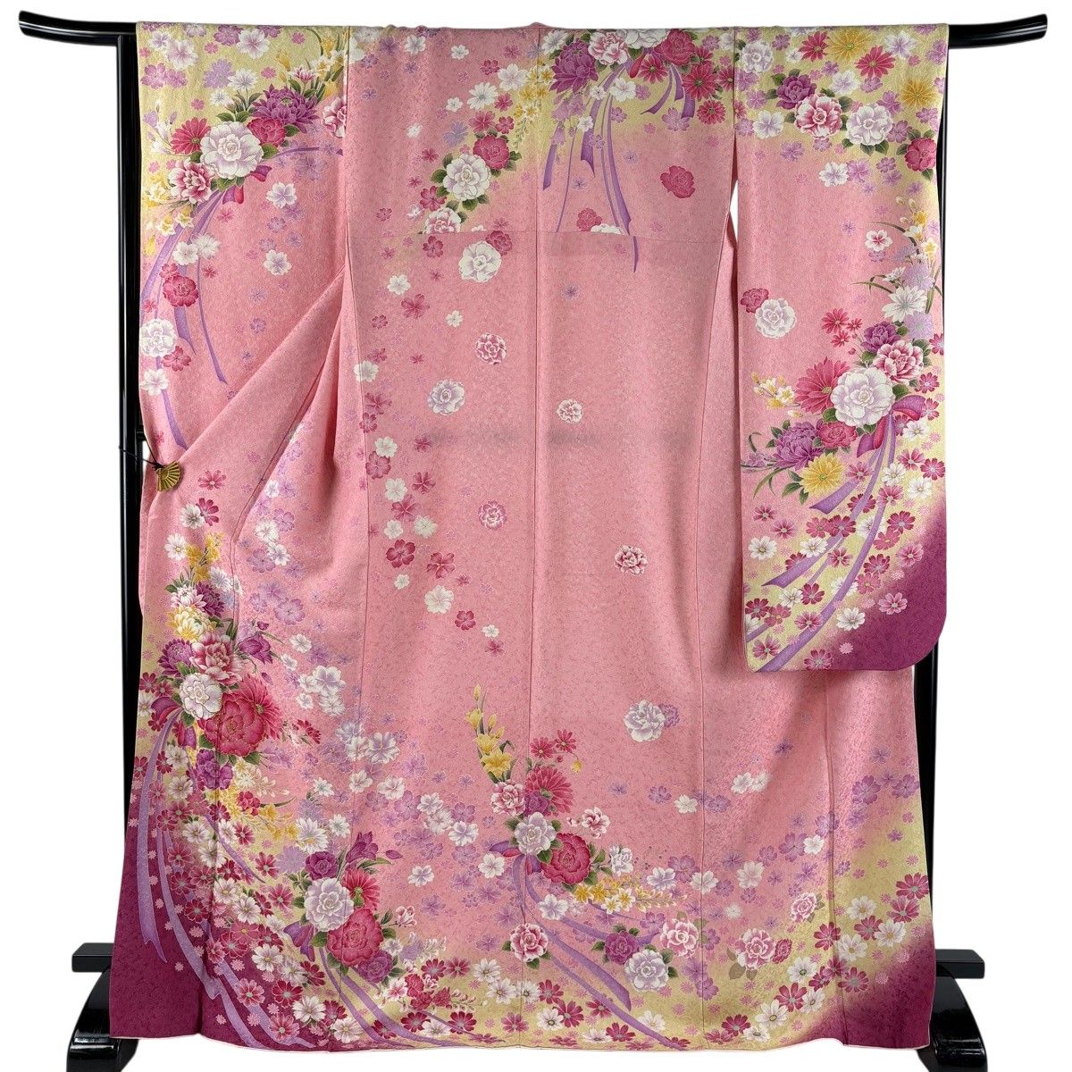 振袖 身丈171cm 裄丈66cm M 袷 花束 地紋 箔 銀通し ピンク 正絹 逸品 【中古】
