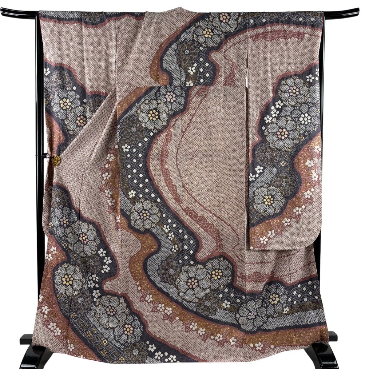【美品】 振袖 身丈166.5cm 裄丈67cm M 袷 花 霞 総絞り 金彩 薄小豆 正絹 逸品 【中古】