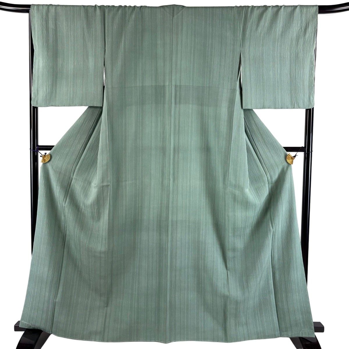 【美品】 小紋 身丈165cm 裄丈67.5cm L 袷 菅原結 漢方染 落款 縦縞 薄緑 正絹 逸品 【中古】