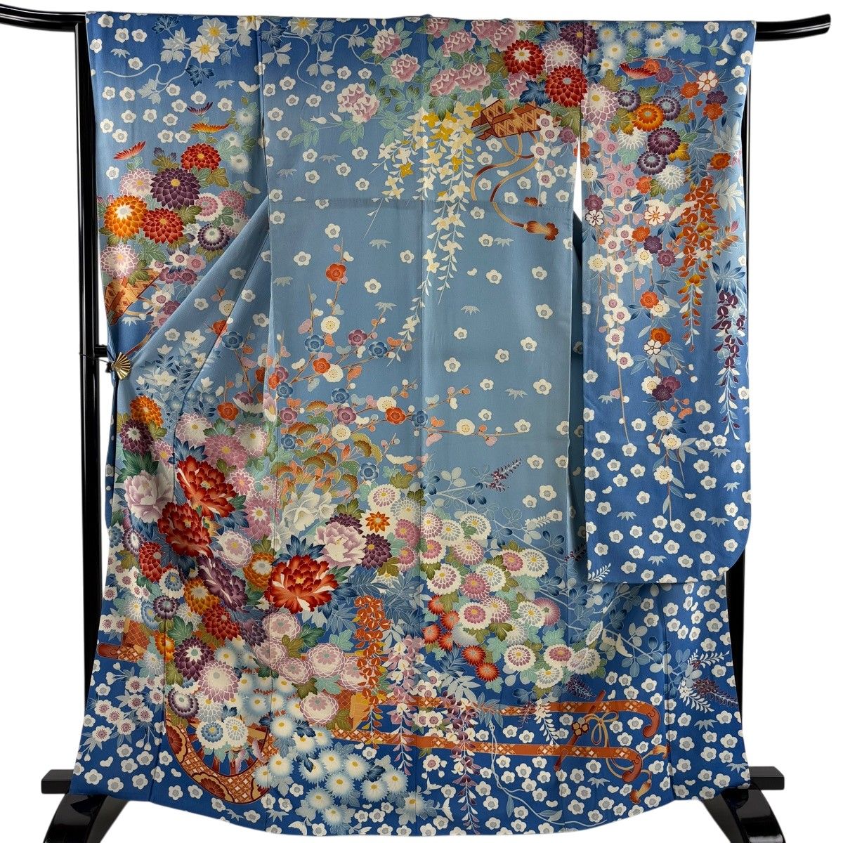 振袖 身丈166.5cm 裄丈66cm M 袷 花車 牡丹 ぼかし 水色 正絹 名品 【中古】