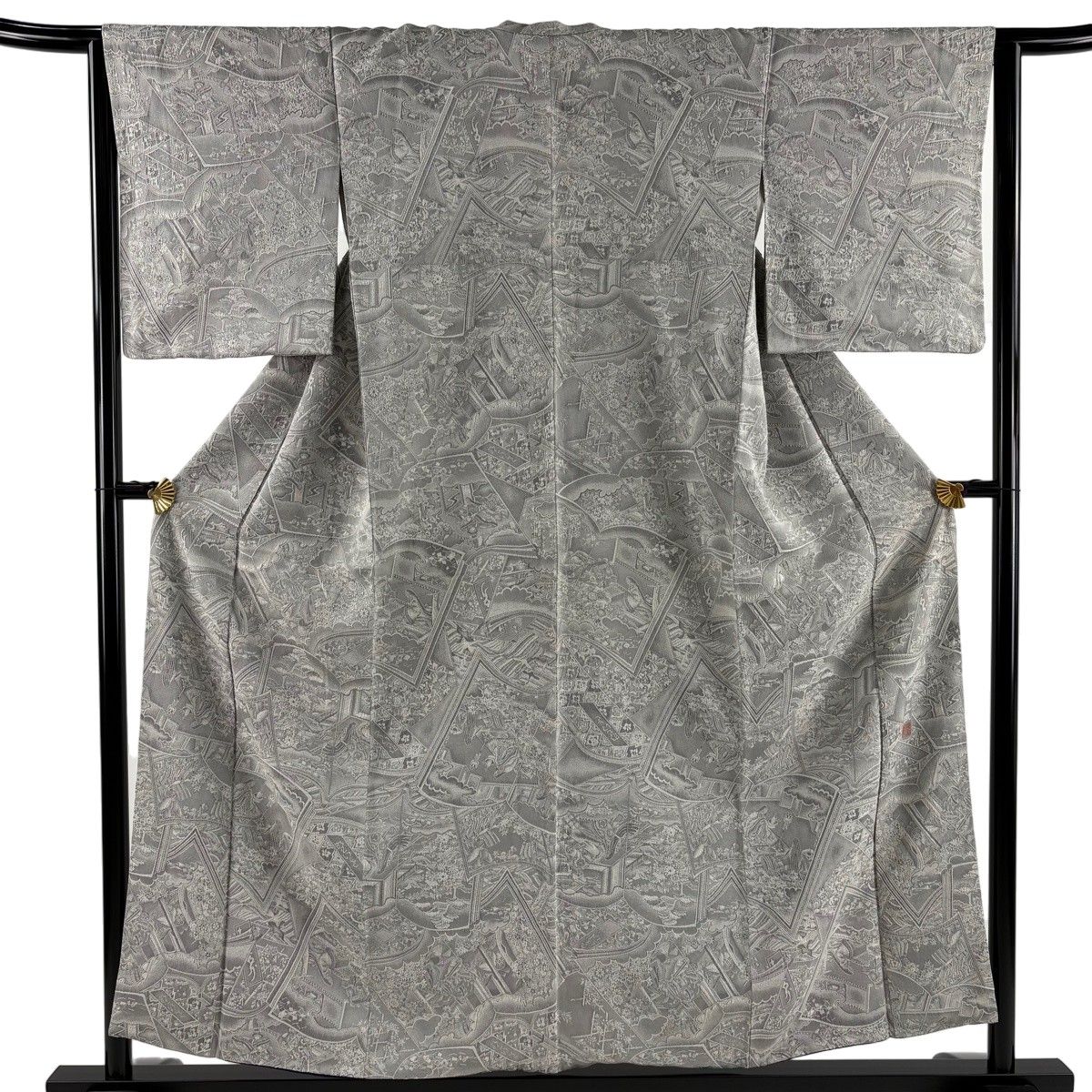【美品】 小紋 身丈156cm 裄丈64cm M 袷 紋意匠 落款 冊子 灰色 正絹 名品 【中古】
