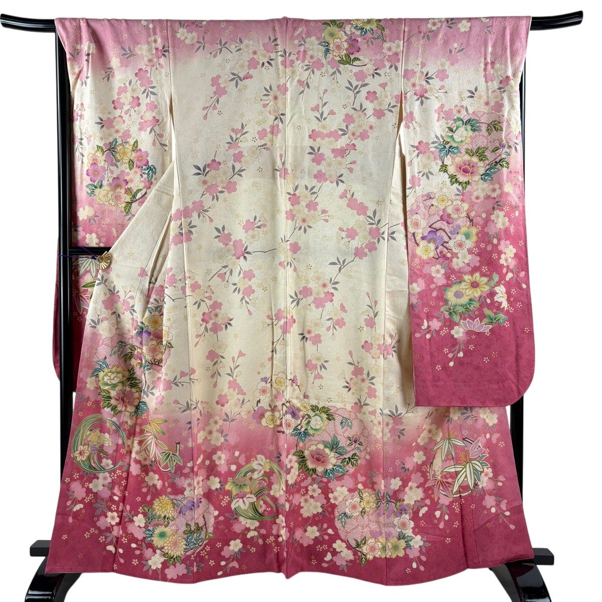 振袖 身丈162cm 裄丈69cm L 袷 花丸文 草花 金通し 金彩 ベージュ 正絹 名品 【中古】