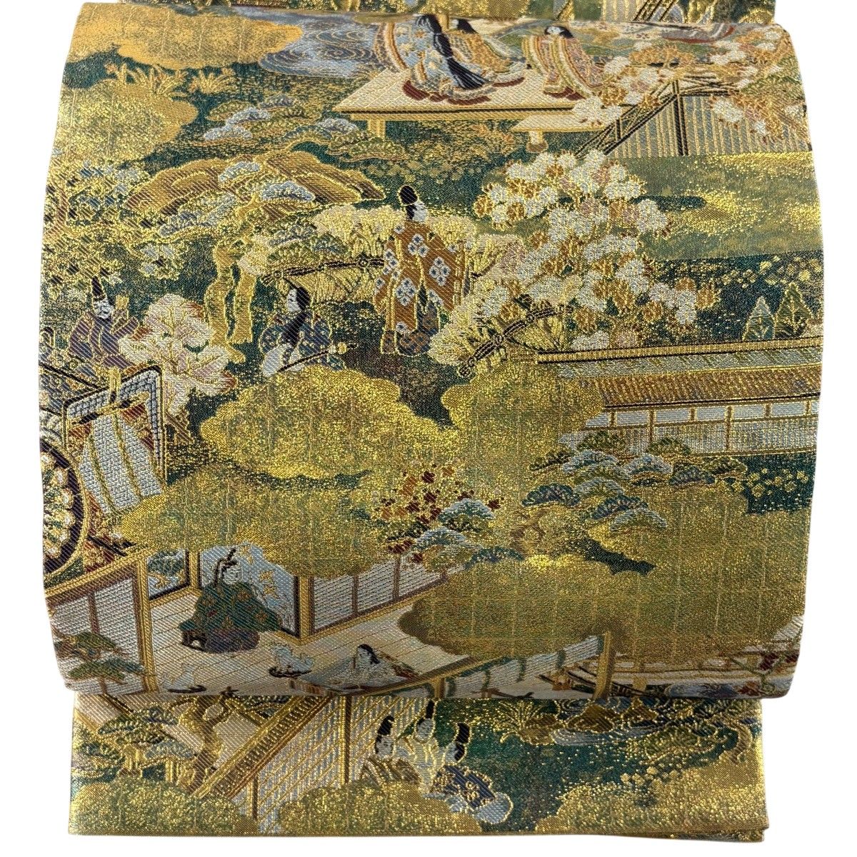 【美品】 丸帯 名品 雲間源氏屏風絵 金糸 箔 金色 お太鼓柄 正絹 【中古】