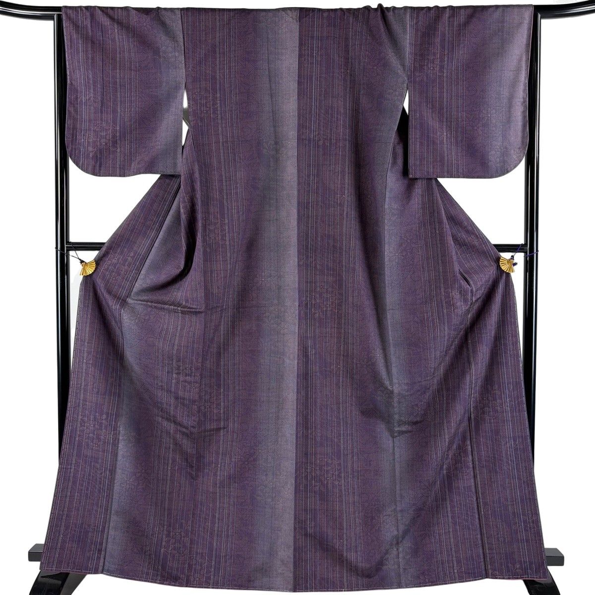 【美品】 紬 身丈166cm 裄丈66cm M 袷 証紙 縞 草花 紫 正絹 秀品 【中古】
