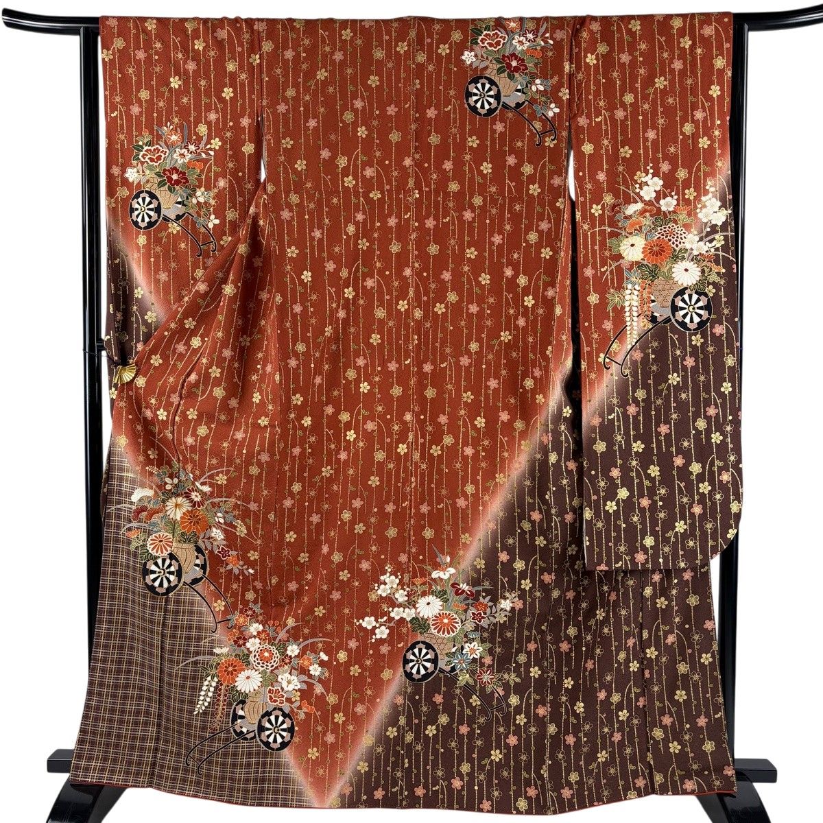 振袖 身丈165cm 裄丈63.5cm S 袷 花車 梅 金糸 金彩 赤茶 正絹 秀品 【中古】