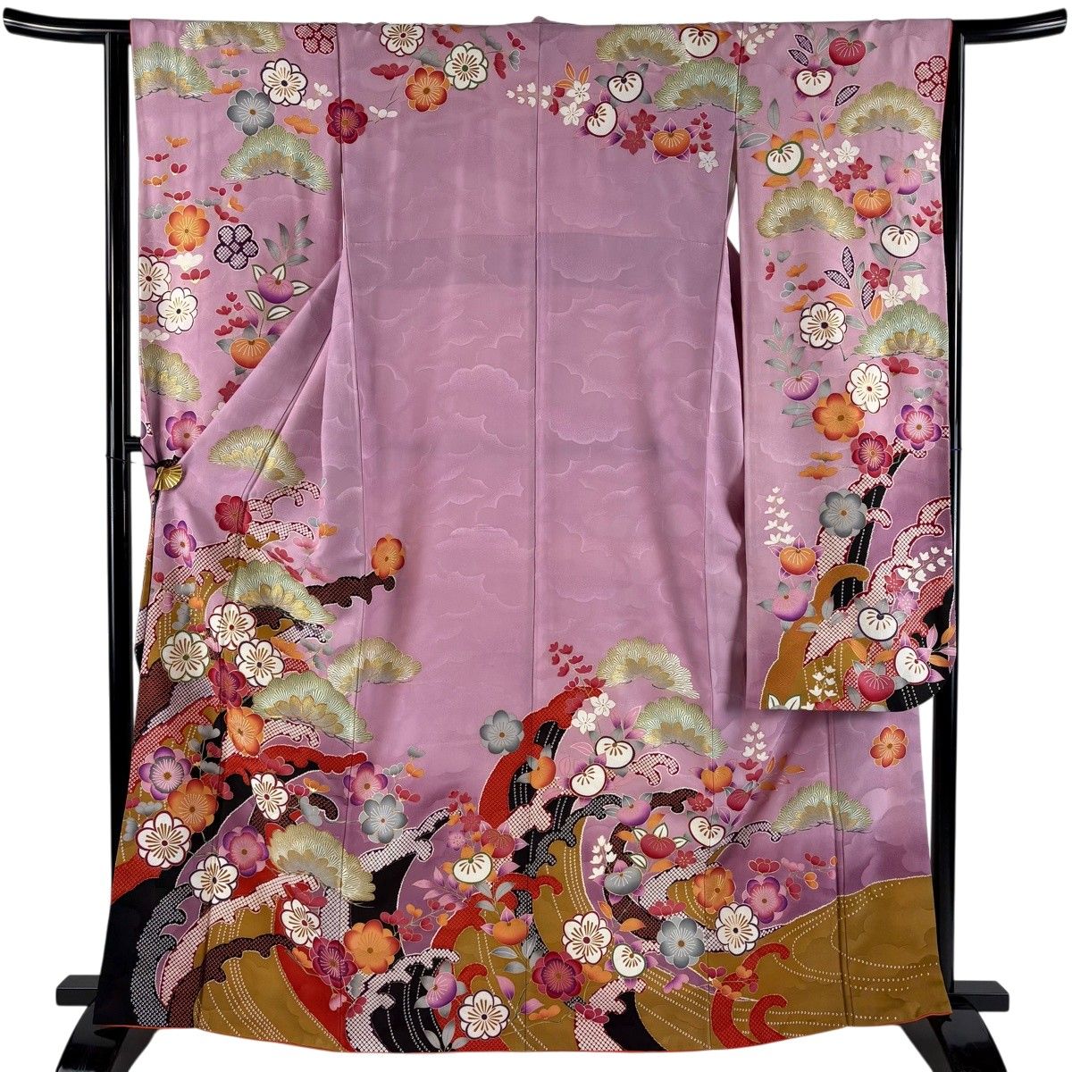 振袖 身丈164.5cm 裄丈63cm S 袷 岩田専太郎 落款 松梅 雪輪 金糸 金彩 薄紫 正絹 秀品 【中古】