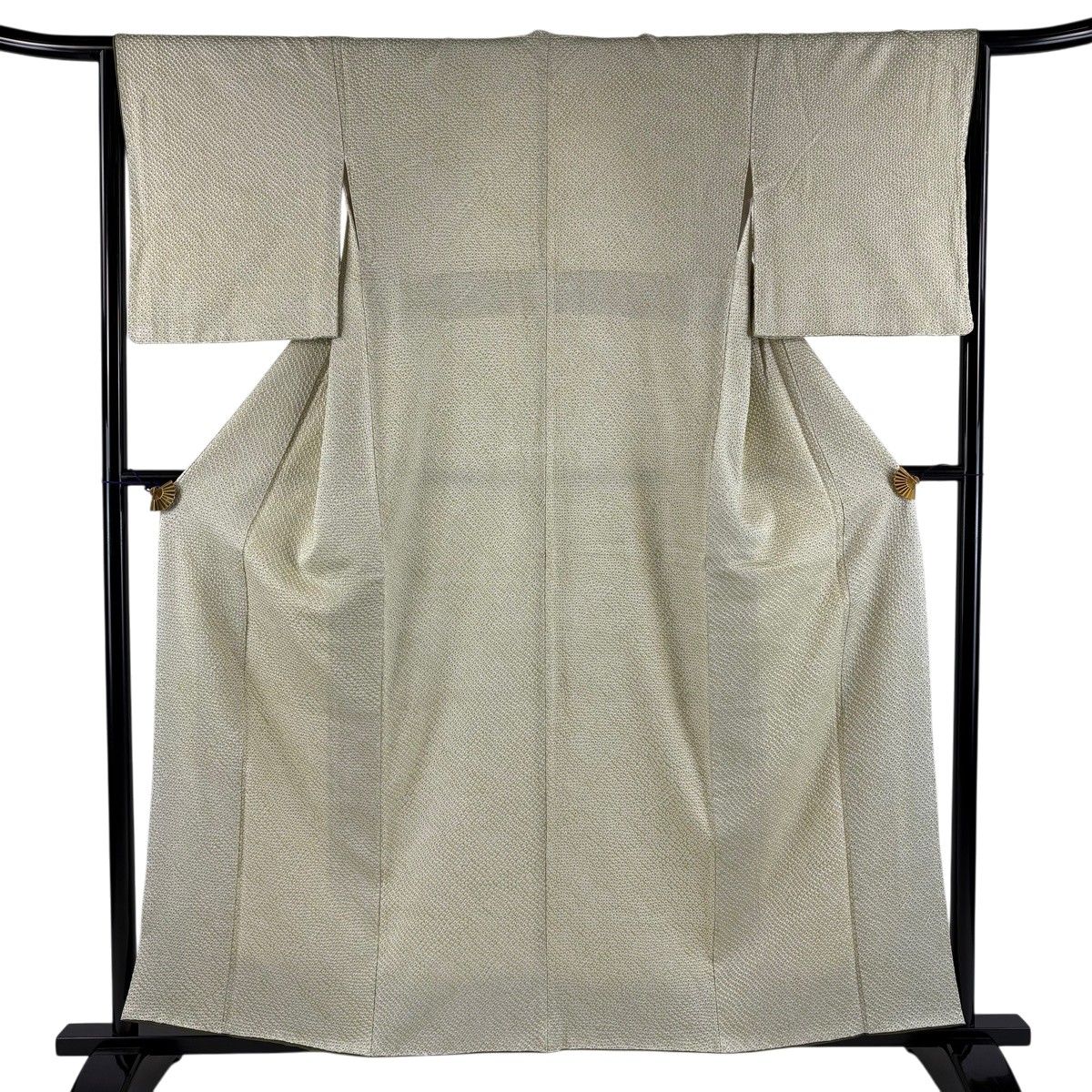 【美品】 小紋 身丈158cm 裄丈63cm S 袷 疋田 絞り 抹茶色 正絹 秀品 【中古】