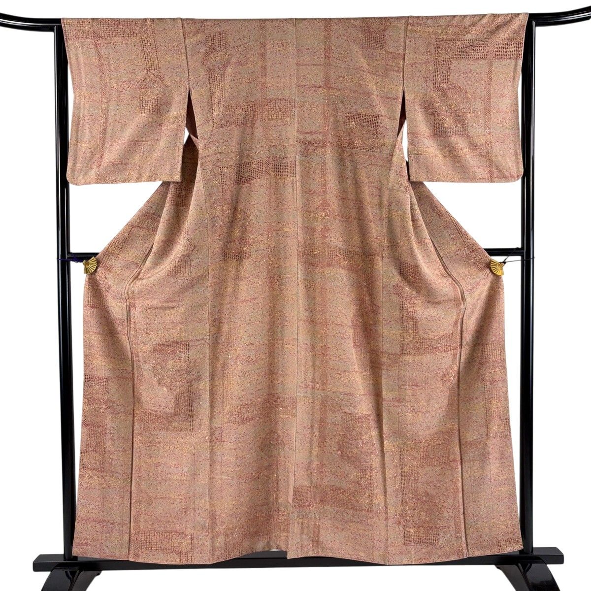 【美品】 小紋 身丈157.5cm 裄丈64cm M 袷 華文 草花 刺繍 薄茶色 正絹 秀品 【中古】