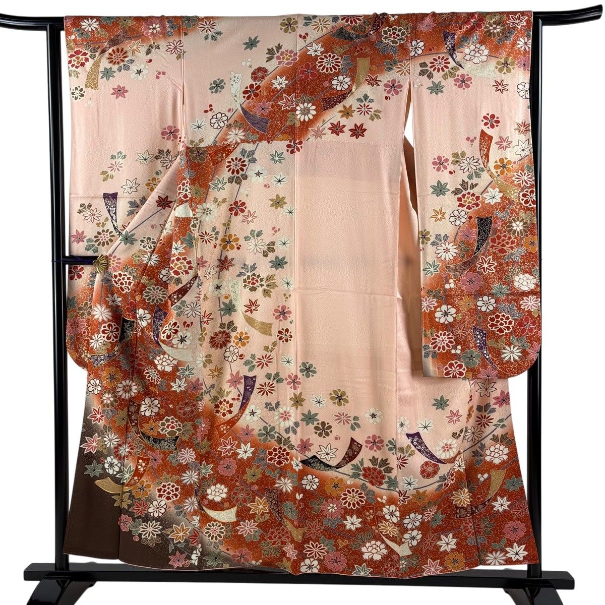 振袖 身丈156cm 裄丈63cm S 袷 草花 短冊 金糸 金彩 ピンク 正絹 秀品 【中古】