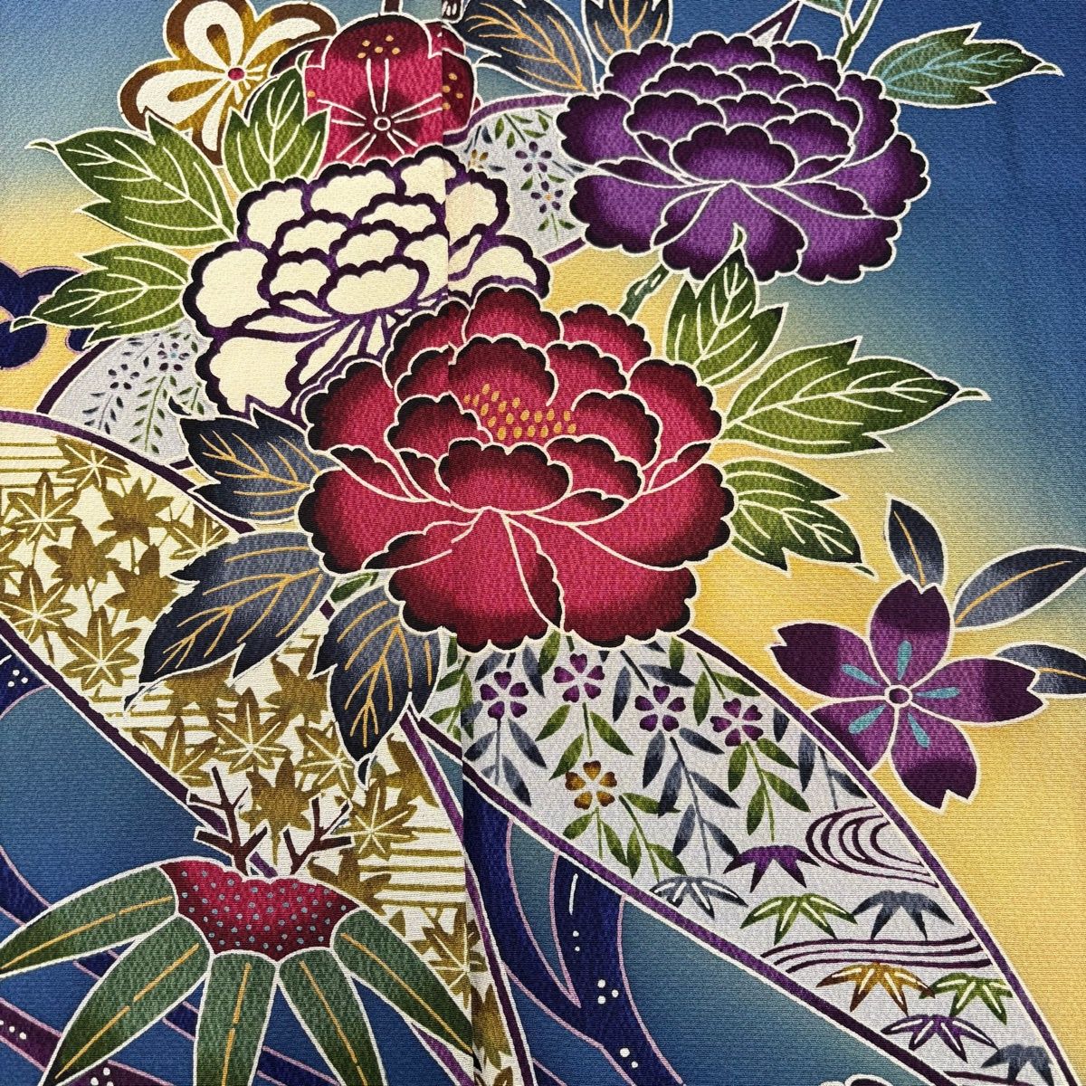 振袖 身丈164.5cm 裄丈68cm L 袷 松竹梅 牡丹 ぼかし 藍色 正絹 秀品