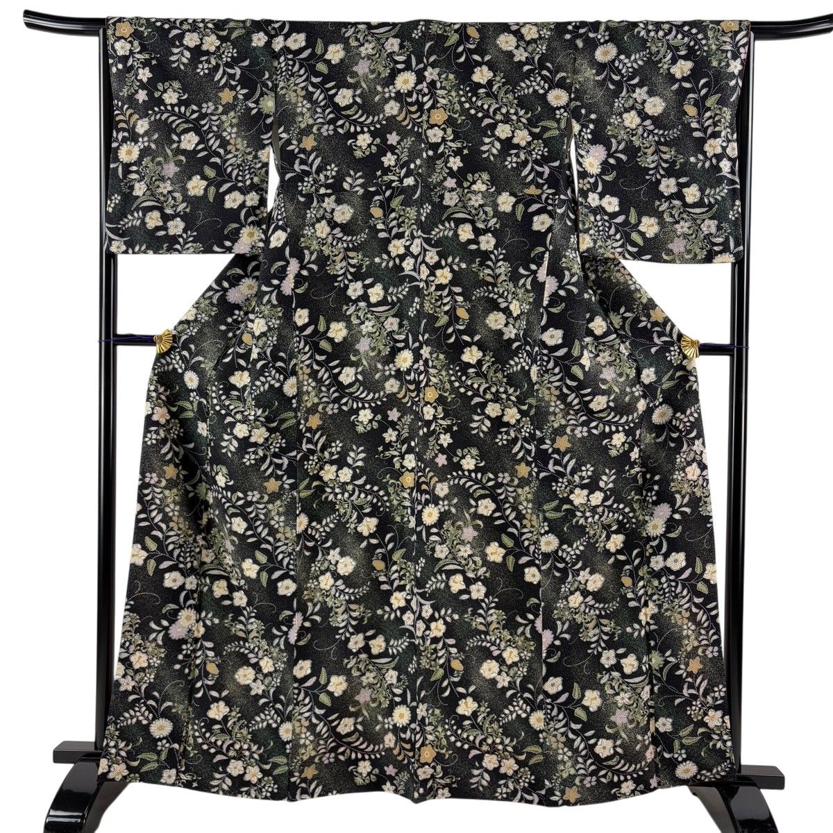 【美品】 小紋 身丈162.5cm 裄丈65.5cm M 袷 草花 金彩 黒 正絹 秀品 【中古】