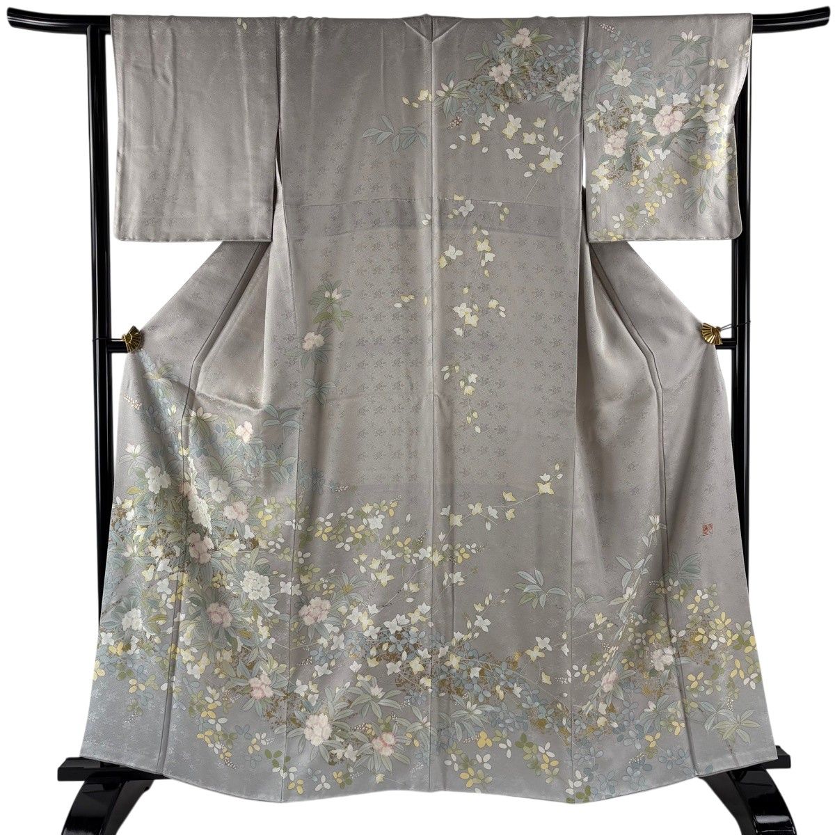訪問着 身丈162.5cm 裄丈65cm M 袷 落款 枝花 萩 金彩 灰色 正絹 名品