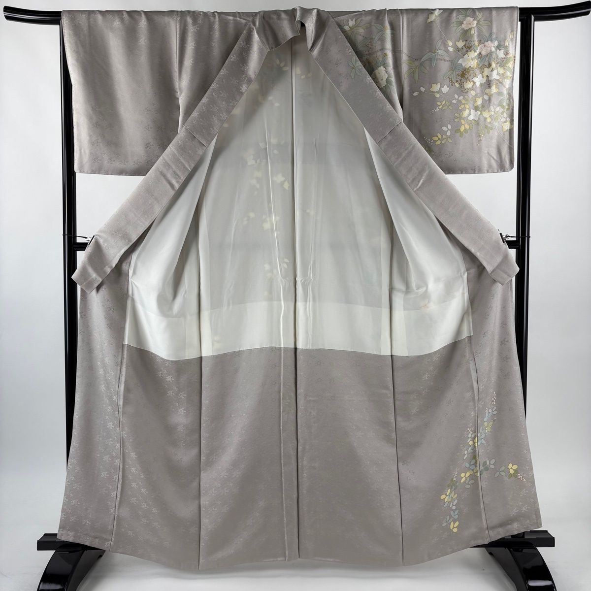 訪問着 身丈162.5cm 裄丈65cm M 袷 落款 枝花 萩 金彩 灰色 正絹 名品