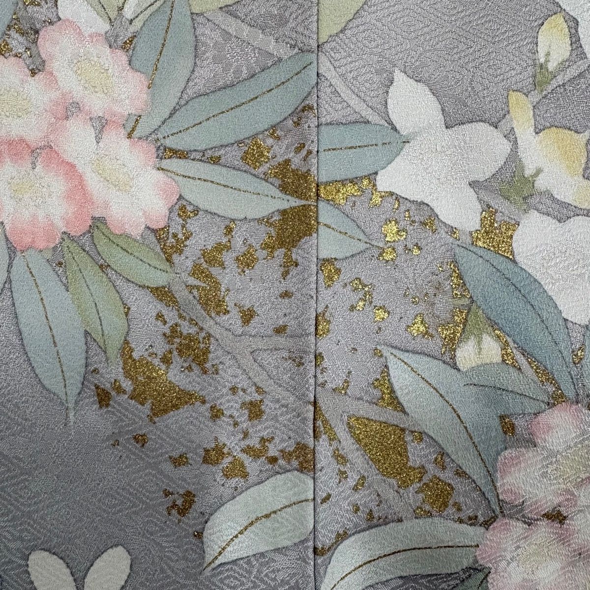 訪問着 身丈162.5cm 裄丈65cm M 袷 落款 枝花 萩 金彩 灰色 正絹 名品