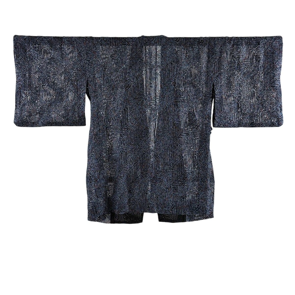 【美品】 道中着 身丈82cm 裄丈65.5cm M 無月 和装コート 落款 幾何学模様 箔 青灰色 正絹 名品 【中古】