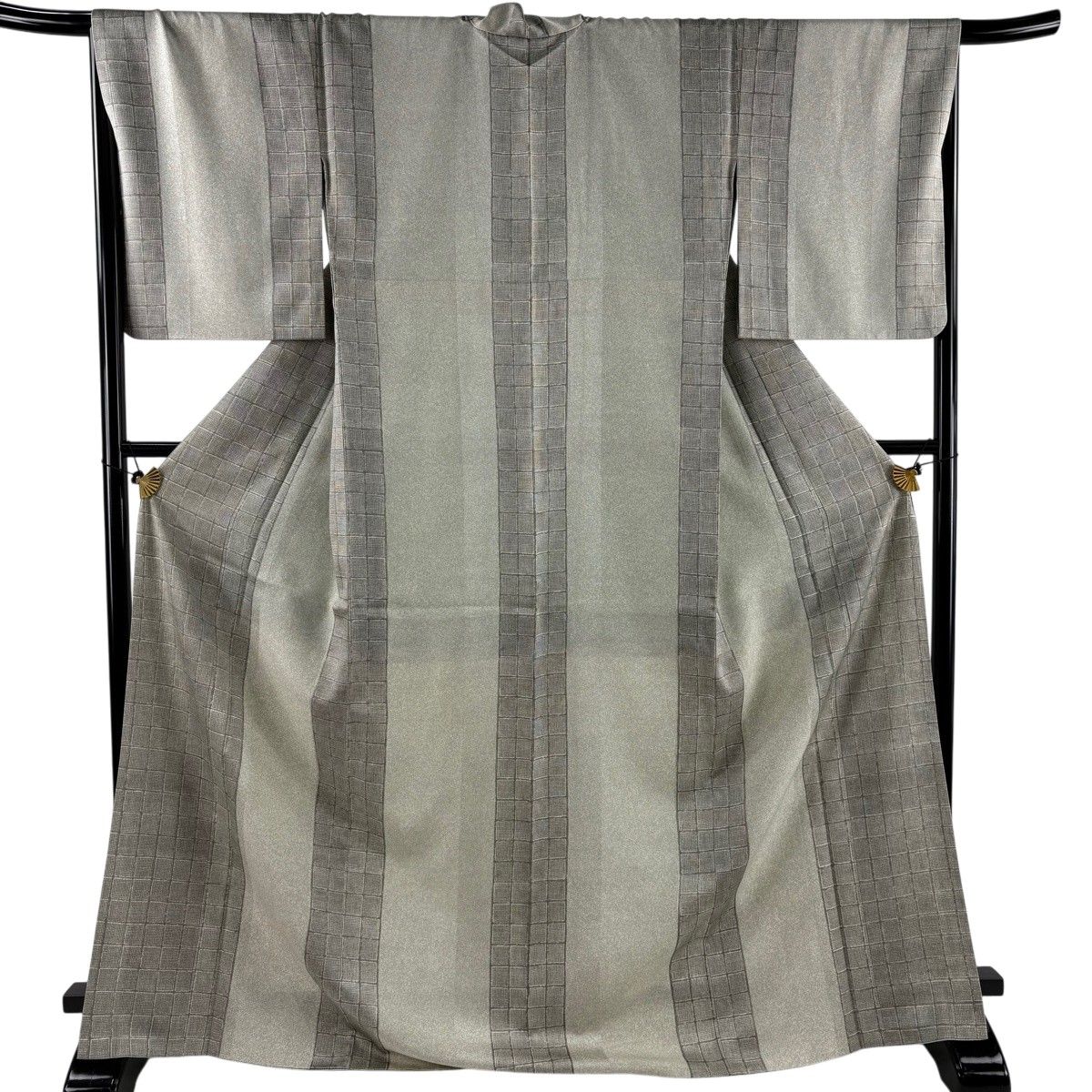 小紋 身丈171.5cm 裄丈68cm L 袷 格子 灰色 正絹 名品 【中古】