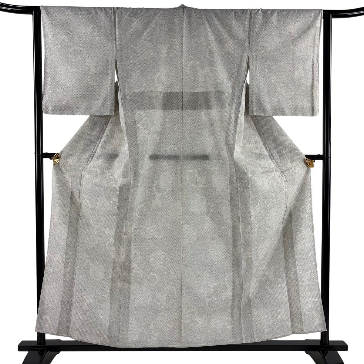 【美品】 紬 身丈158cm 裄丈64cm M 単衣 雪輪 唐草 灰白 正絹 名品 【中古】