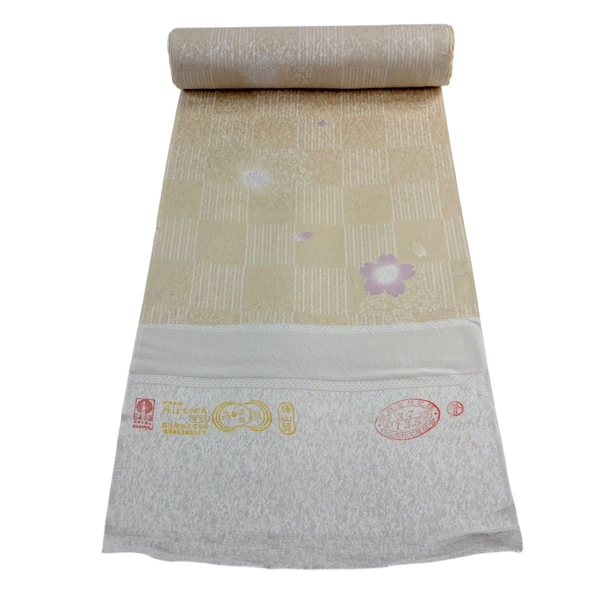 反物 秀品 小紋 桜 変わり市松 ベージュ 正絹 【中古】