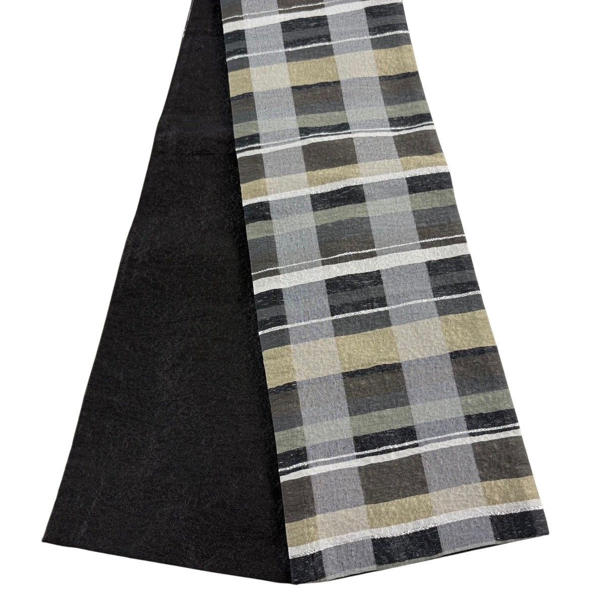 【美品】半幅帯 優品 紬地 格子 箔 茶緑色 化繊 【中古】