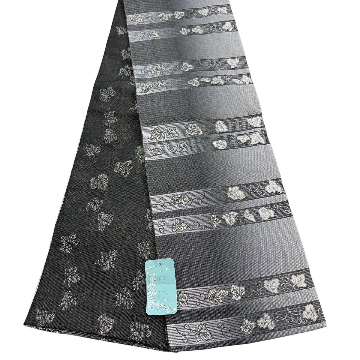 【美品】半幅帯 優品 縞 葉柄 金糸 黒灰 化繊 【中古】