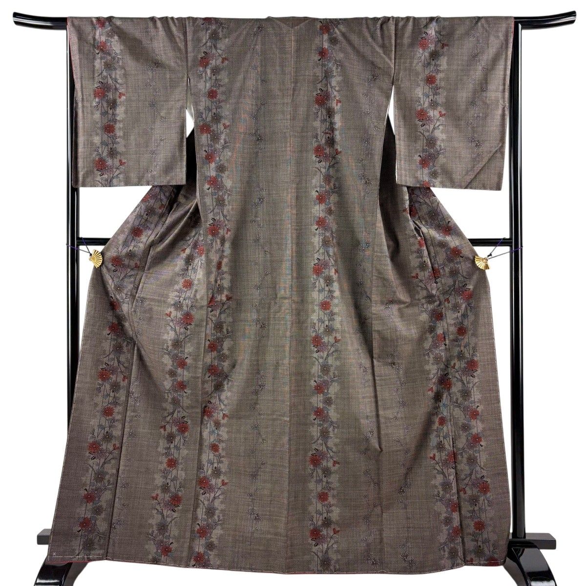 【美品】 紬 身丈166.5cm 裄丈66cm M 袷 草花 焦茶色 正絹 秀品 【中古】