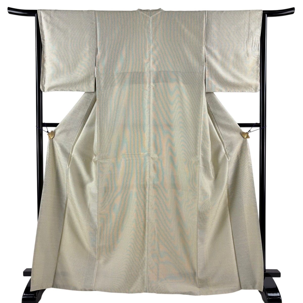 【美品】 お召 身丈169cm 裄丈64.5cm M 袷 草花 縦縞 抹茶色 正絹 秀品 【中古】