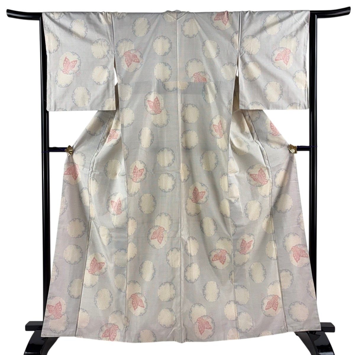 【美品】 大島紬 身丈163cm 裄丈65cm M 袷 証紙 蝶 雪輪 灰色 正絹 秀品 【中古】