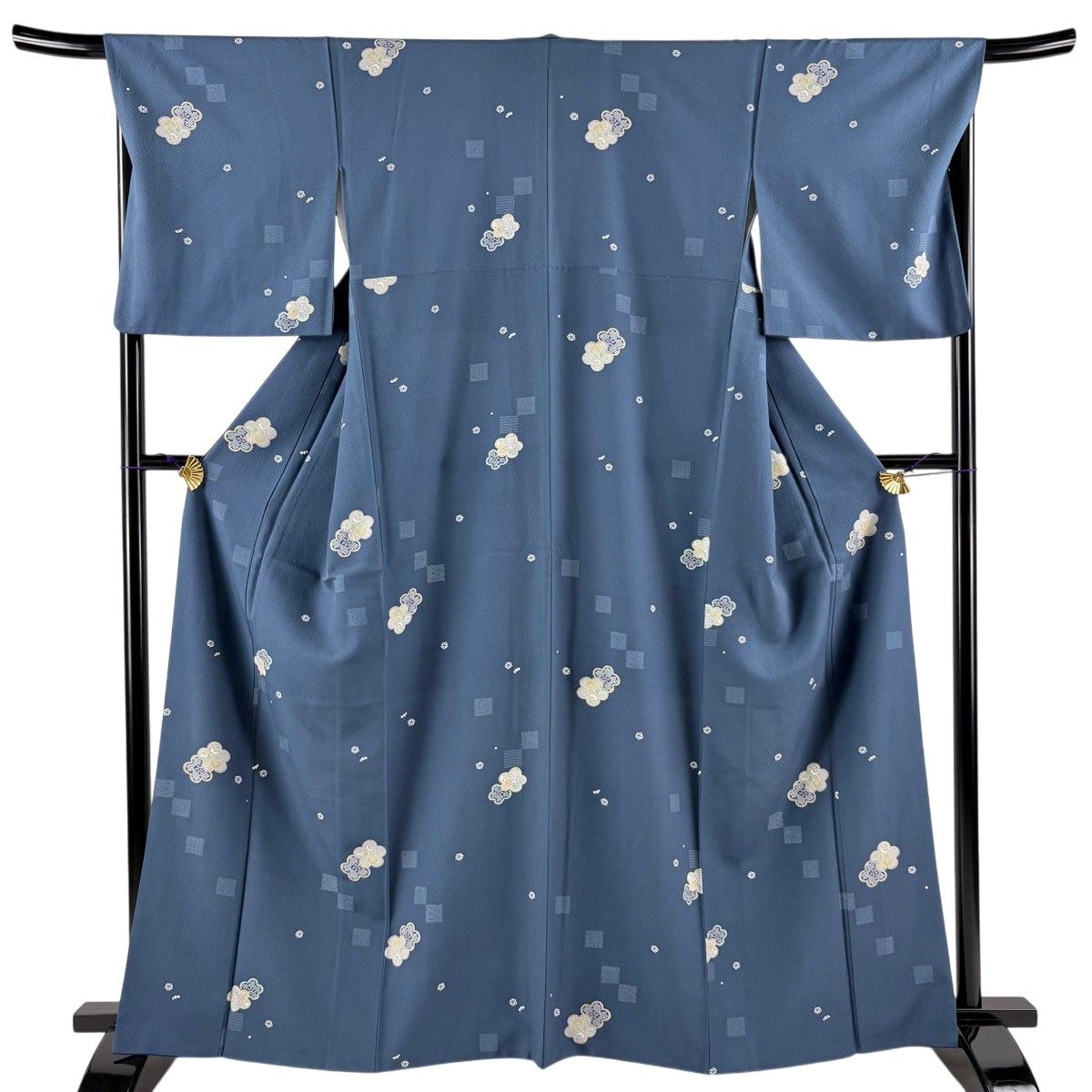 【美品】 小紋 身丈163.5cm 裄丈67cm M 袷 梅 橘花 青灰色 正絹 秀品 【中古】
