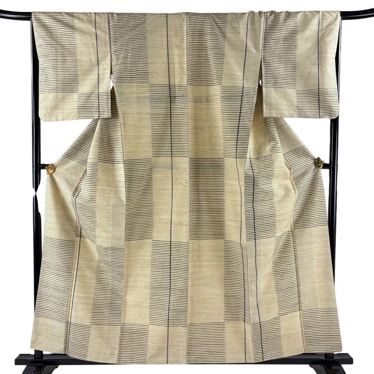 【美品】 紬 身丈157cm 裄丈66.5cm M 袷 縞 変わり市松 ベージュ 正絹 秀品 【中古】