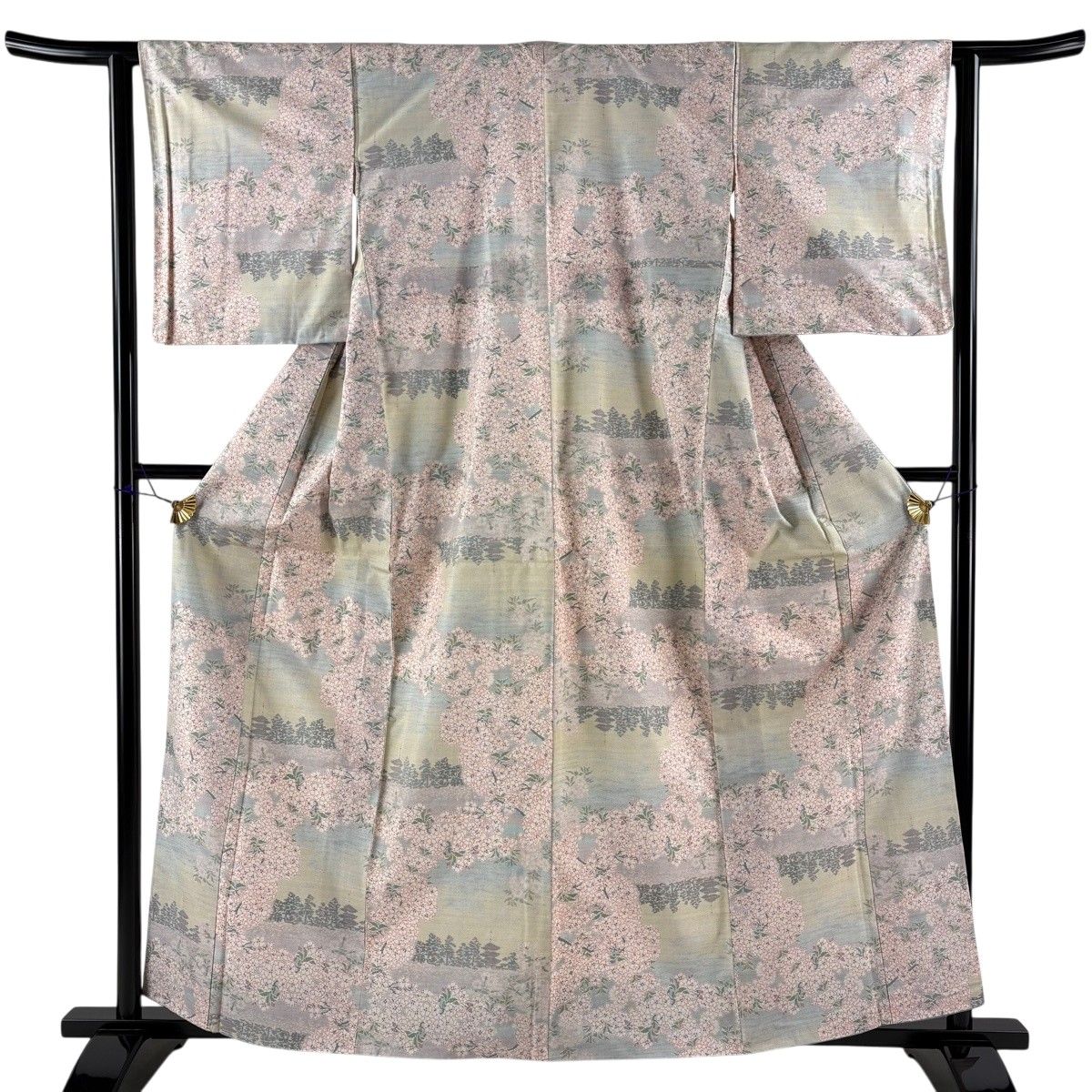 美品】 紬 身丈160.5cm 裄丈62.5cm S 袷 枝花 風景 抹茶色 正絹 秀品 
