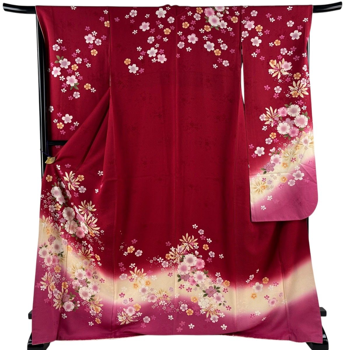 振袖 身丈172cm 裄丈68.5cm L 袷 桜 草花 ラメ 金彩 赤 正絹 秀品 【中古】
