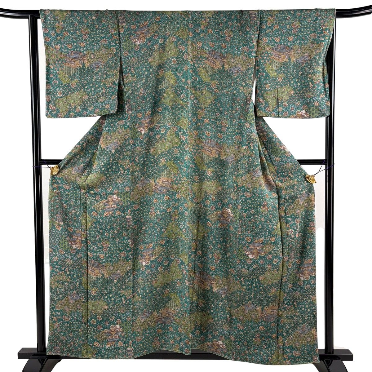 【美品】 小紋 身丈157cm 裄丈66cm M 袷 二代目 更甚 落款 建物 草花 緑 正絹 秀品 【中古】