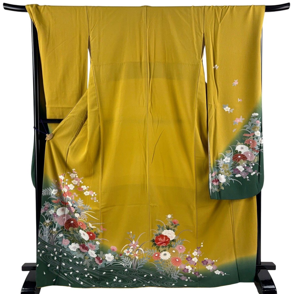 振袖 身丈171cm 裄丈69cm L 袷 雪輪 草花 染め分け ぼかし からし色 正絹 秀品 【中古】