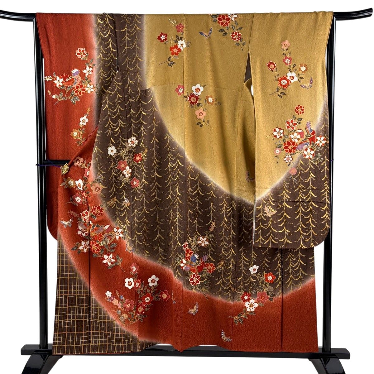 振袖 身丈156.5cm 裄丈65.5cm M 袷 鴛鴦 梅 金糸 金彩 朱色 正絹 秀品 【中古】