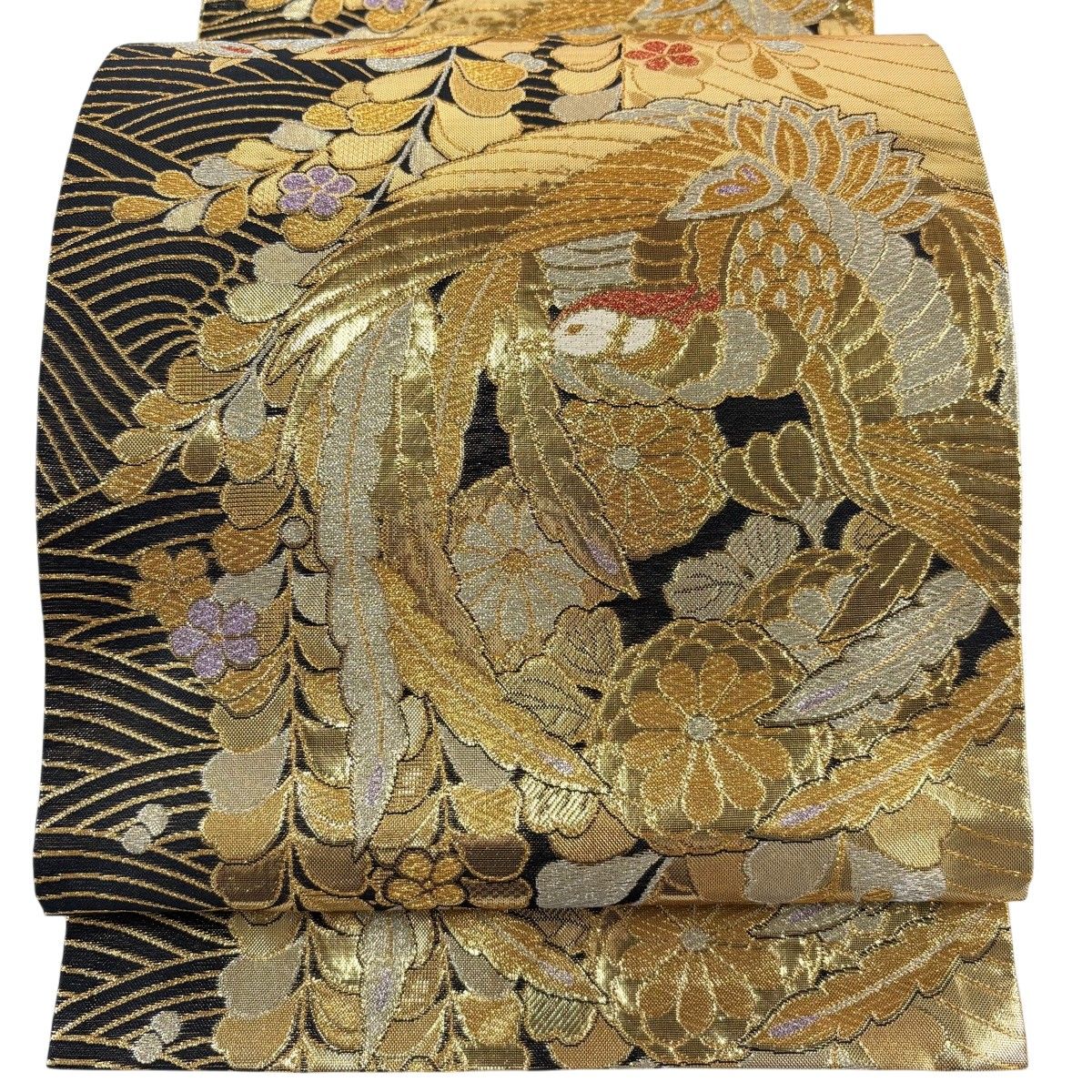 美品】 袋帯 秀品 振袖向き 鳳凰 波 箔 金銀糸 金色 六通 正絹 【中古