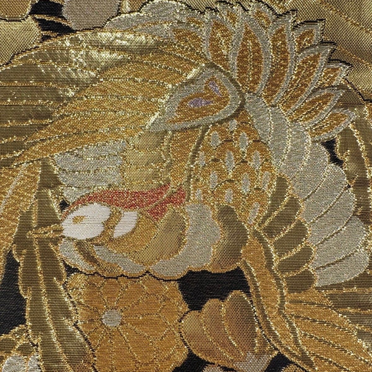 美品】 袋帯 秀品 振袖向き 鳳凰 波 箔 金銀糸 金色 六通 正絹 【中古