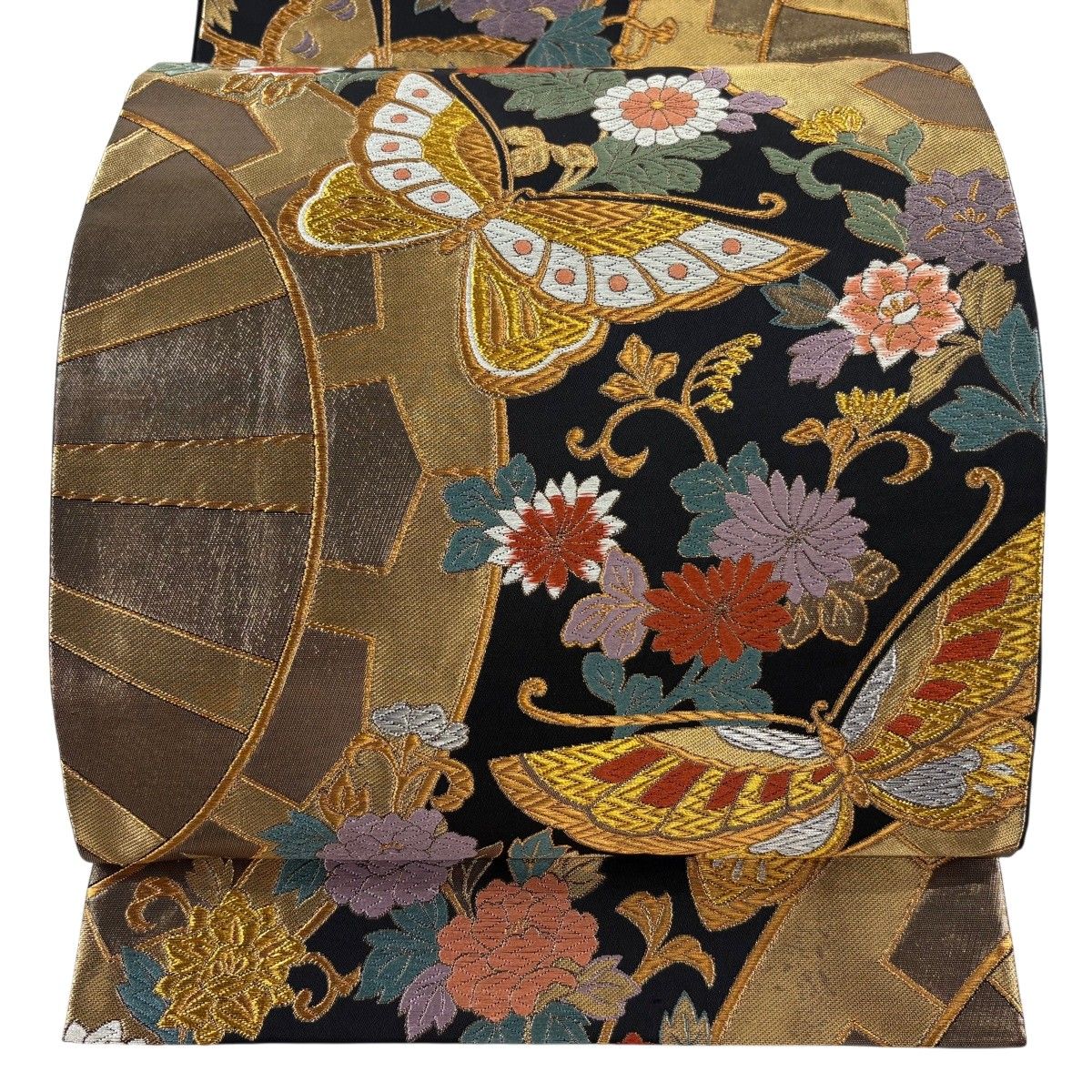 袋帯 秀品 蝶 草花 金銀糸 箔 黒 六通 正絹 【中古】