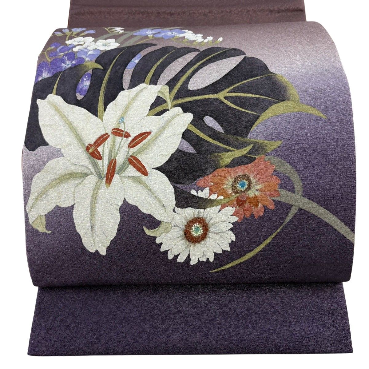 【美品】 袋帯 秀品 落款 清次郎 草花 銀糸 紫 お太鼓柄 正絹 【中古】